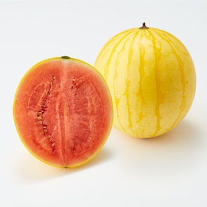 May include: A yellow watermelon with green stripes, cut in half, revealing a bright red flesh with black seeds. The watermelon is on a white background.