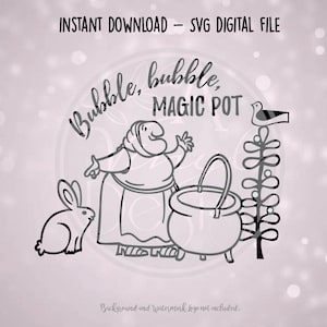 May include: Black and white line art illustration of a woman with a large pot, a rabbit, a bird, and a plant. The text "Bubble, bubble, MAGIC POT" is written above the woman.