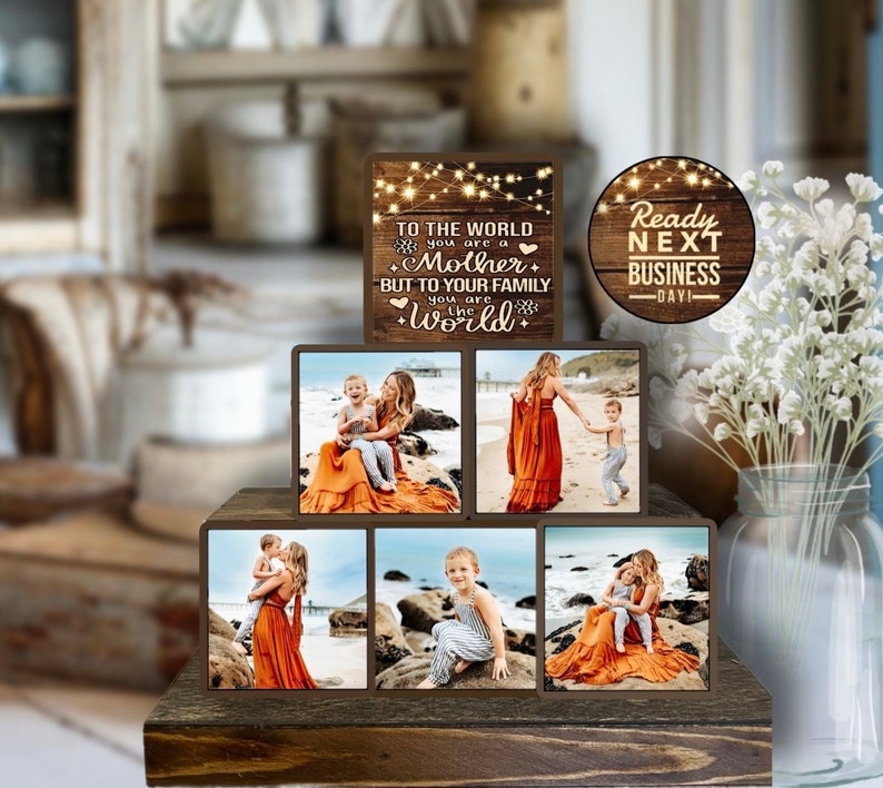 Mothers Day Gift for Mom Stacking Photo Blocks Set Photo Gift Wooden Photo Block Photo on Wood Wooden Block With Picture Personalized Photo image 1