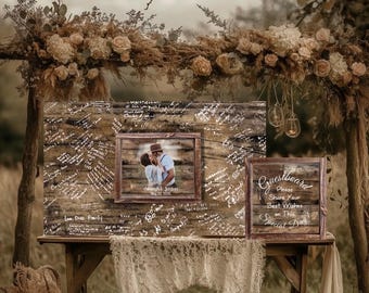 May include: A rustic wooden guestbook display with a framed photo of a couple kissing. The guestbook is covered in handwritten messages. A smaller sign reads "Guestbook, Please Share Your Best Wishes on This Special Day."