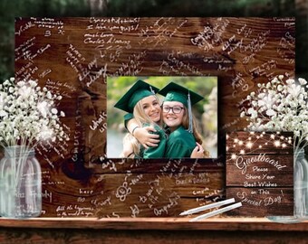 Graduation Guest Book Alternative Guestbook for Signing Wood Personalized with Photo Frame Signed by Guests Graduation Party Decoration Gift