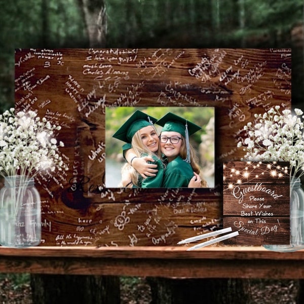 Graduation Guest Book Alternative Guestbook for Signing Wood Personalized with Photo Frame Signed by Guests Graduation Party Decoration Gift