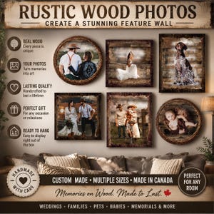 Peut inclure: Un ensemble de tirages photo sur bois personnalisés présentant divers portraits de couples, familles, un bébé et un chien. Le texte indique RUSTIC WOOD PHOTOS, CREATE A STUNNING FEATURE WALL, HANDMADE WITH CARE, CUSTOM MADE, MULTIPLE SIZES, MADE IN CANADA.
