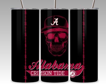 Digital PNG Alabama Crimson Tide Skull with Ballcap Barbwire For Tall Skinny 20oz Tumbler