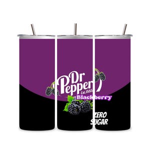 May include: A stainless steel tumbler with a purple and black design featuring the Dr Pepper logo and the words "Blackberry" and "Zero Sugar". The tumbler has a silver straw.