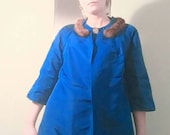 Royal Blue Swing Coat reduced Taffeta w Fur Trimmed Collar Rhinestone Button Dress Coat New Look 1950 39 s 50s