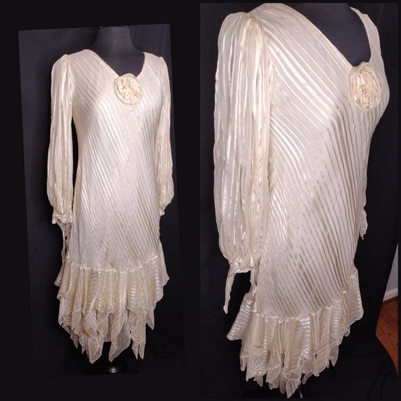 1920s 1930s Style Dress / White Ivory Silk Stripe… - image 1