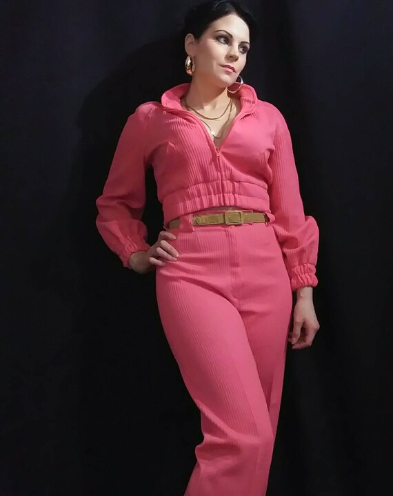 1970's 70s Bubblegum Pink Ribbed Tracksuit / Spor… - image 5