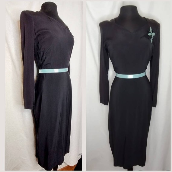 1930's 40s Black Crepe Bustle Dress / Teal Aqua S… - image 2