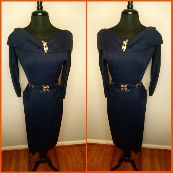 1950's 50s Inky Blue Wiggle Dress / Navy/ Sexy Bo… - image 2