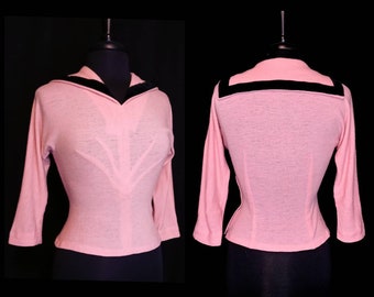 FINETTE 1950's 50s Fitted Wool Sailor Girl Sweater /Bubblegum Pink & Black / Jumper /Rockabilly Bombshell