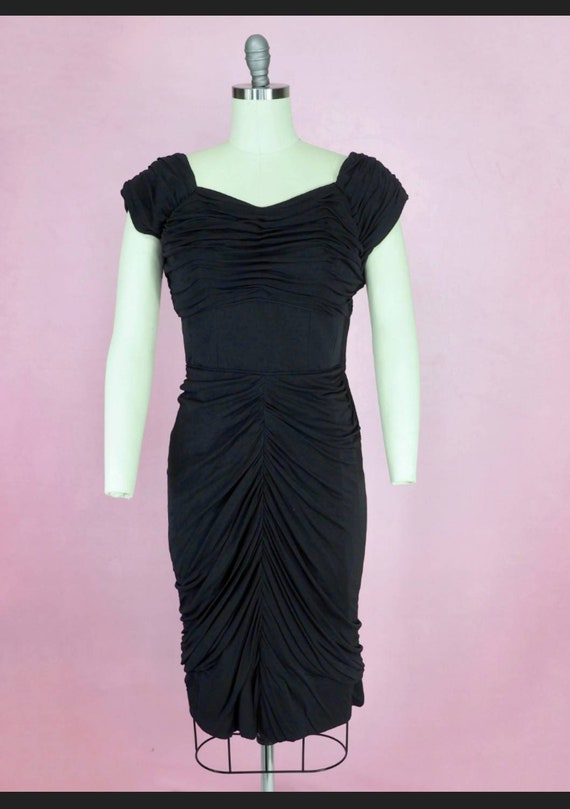 1950's Black Ruched Cocktail Dress w/ Train / 50s… - image 2