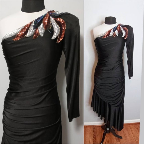 1970's Asymmetrical Ruched Wiggle Dress / One Shou