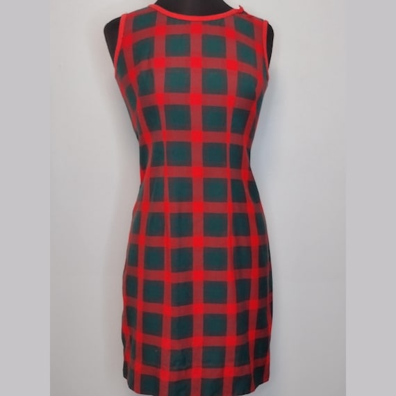 1960's 60s Buffalo Plaid Shift Dress / Red Green Check