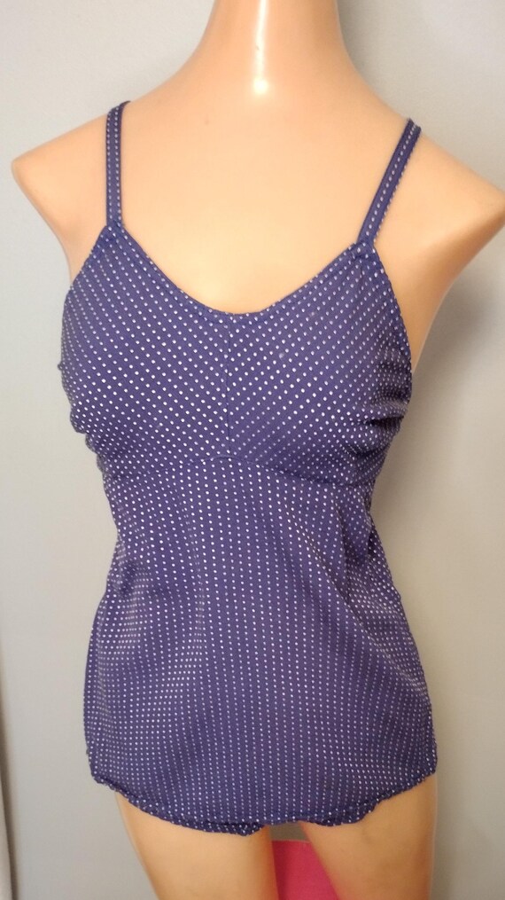 1930's 40s Navy Blue Polkadot One Piece Swimsuit … - image 5