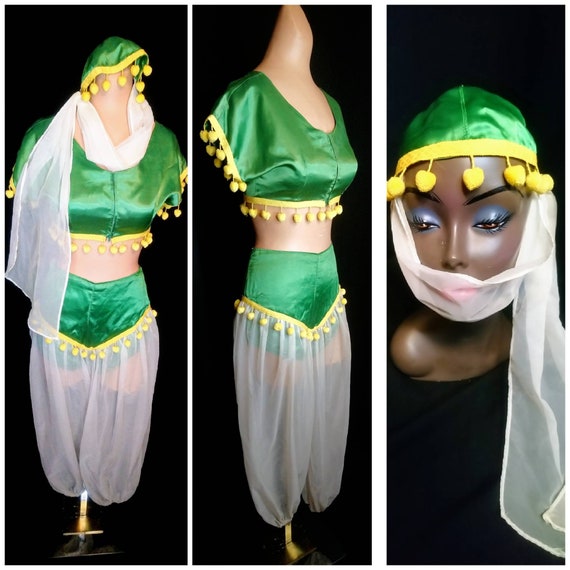1950's Harem Girl Costume / Green Satin / Genie Belly… Gem