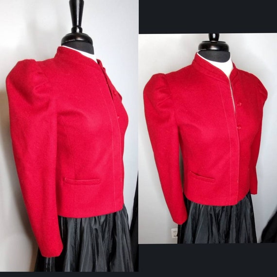 1980's Apple Red Wool Trachten Jacket / Puff Slee… - image 1