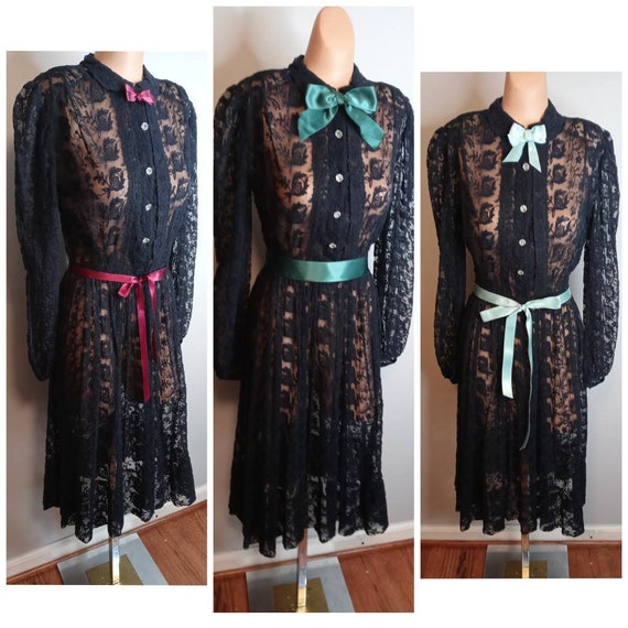 Late 1930's 30s Navy Lace Day Dress / Alançon Lace