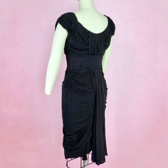 1950's Black Ruched Cocktail Dress w/ Train / 50s… - image 3