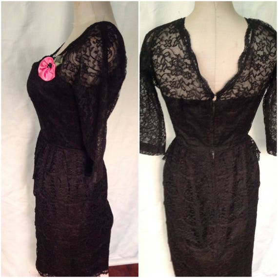 1950's 50s / Vintage Black Chantilly Lace Dress /