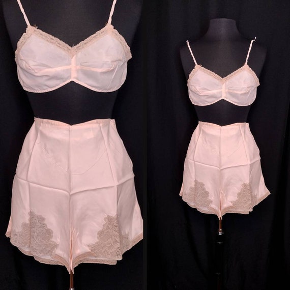 トップス 1920s Pale Pink Silk Lingerie 1920's 1930's Pink Rayon & Ecru Lace 2 Lingerie Piece Set