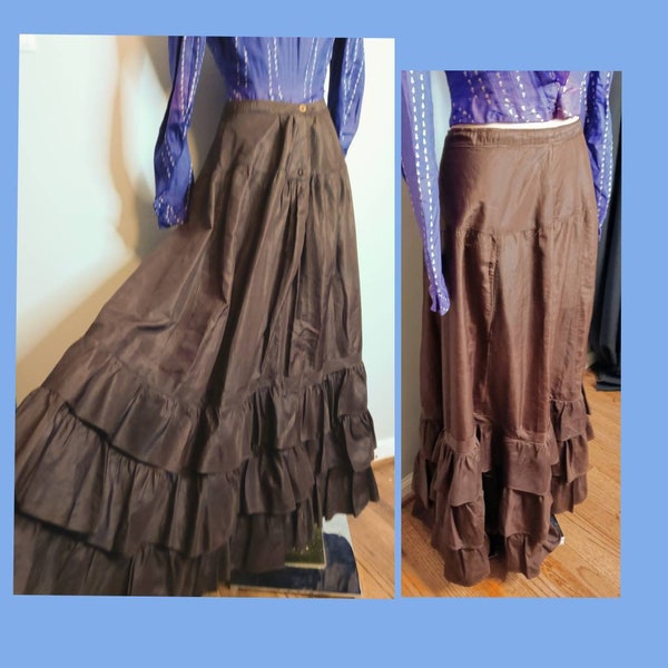 1890's Victorian Brown Silk Taffeta Tiered Ruffled Skirt / Victorian Western Pioneer Gibson Girl Steampunk / Museum Quality