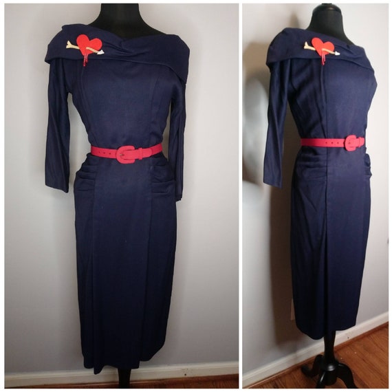1950's 50s Inky Blue Wiggle Dress / Navy/ Sexy Bo… - image 4