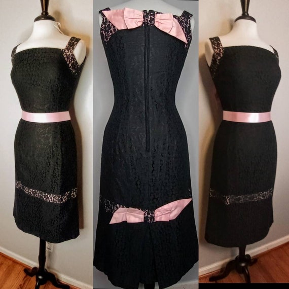 1950's 50s Black & Pink Venice Lace Sheath Wiggle… - image 3