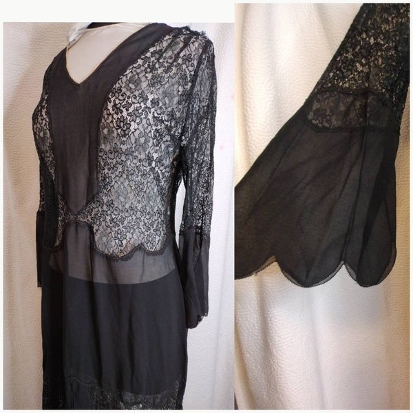 1920's 1910's Black Silk Crepe & Lace Dress / Scalloped Bell Sleeves / Sheer / Edwardian 20s / Scallop / VOLUP