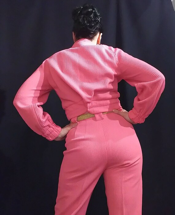 1970's 70s Bubblegum Pink Ribbed Tracksuit / Spor… - image 2