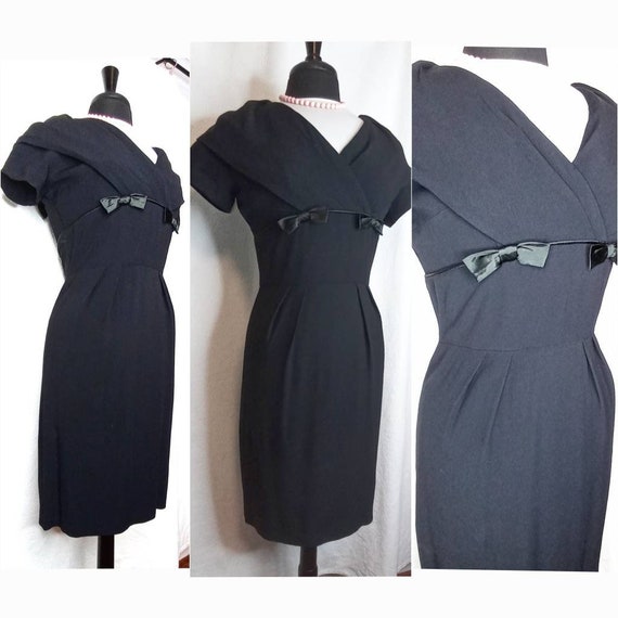 1950's Giana Wiggle Dress / LBD Black Crepe / Ray… - image 2