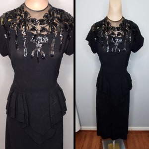 1940&#39;s 40s Femme Fatale Black Crepe Party Dress / Sequins / Peplum / Formal