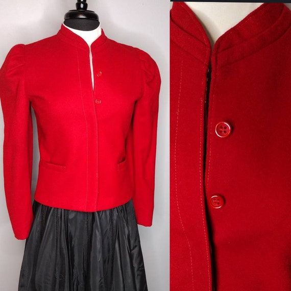 1980's Apple Red Wool Trachten Jacket / Puff Slee… - image 4