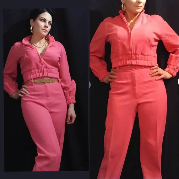 1970's 70s Bubblegum Pink Ribbed Tracksuit / Spor… - image 1