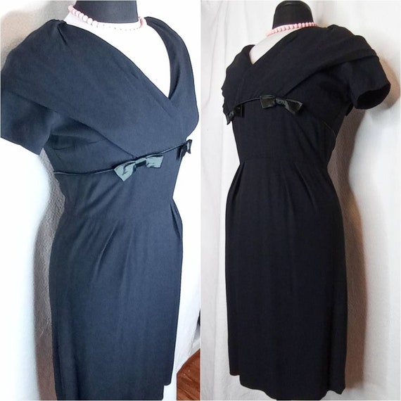 1950's Giana Wiggle Dress / LBD Black Crepe / Ray… - image 3