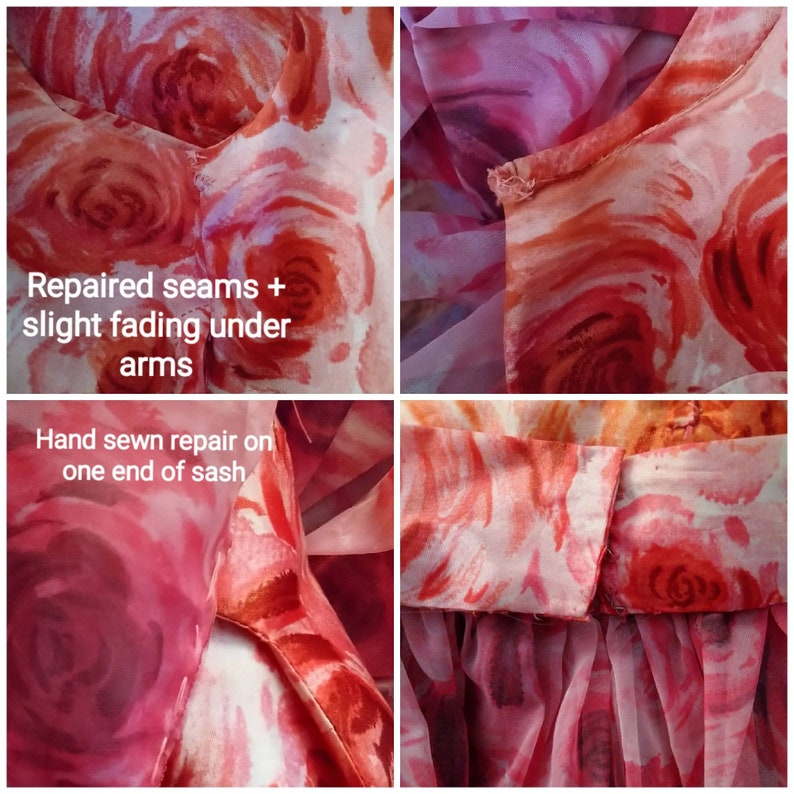 May include: Close-up of a pink and red floral print dress with visible repairs. The seams have been repaired and there is slight fading under the arms. The dress has a sash with a hand-sewn repair on one end.