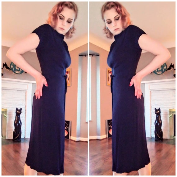 1930's 30s 1940's 40s Inky Blue Crepe Rayon Dress