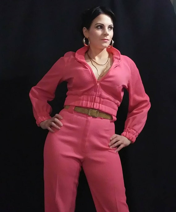 1970's 70s Bubblegum Pink Ribbed Tracksuit / Spor… - image 10