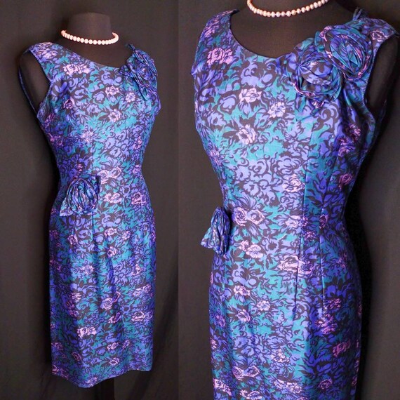 1950's Silk Watercolor Rose Wiggle Dress / Purple… - image 9