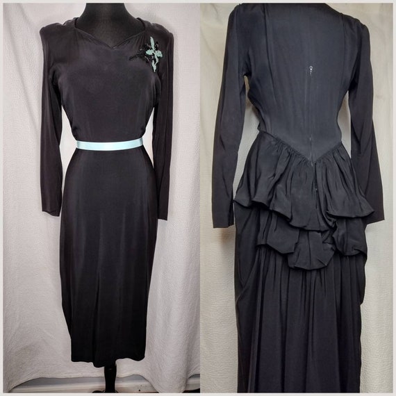 1930's 40s Black Crepe Bustle Dress / Teal Aqua S… - image 1