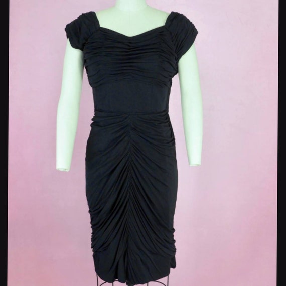 1950's Black Ruched Cocktail Dress w/ Train / 50s… - image 6