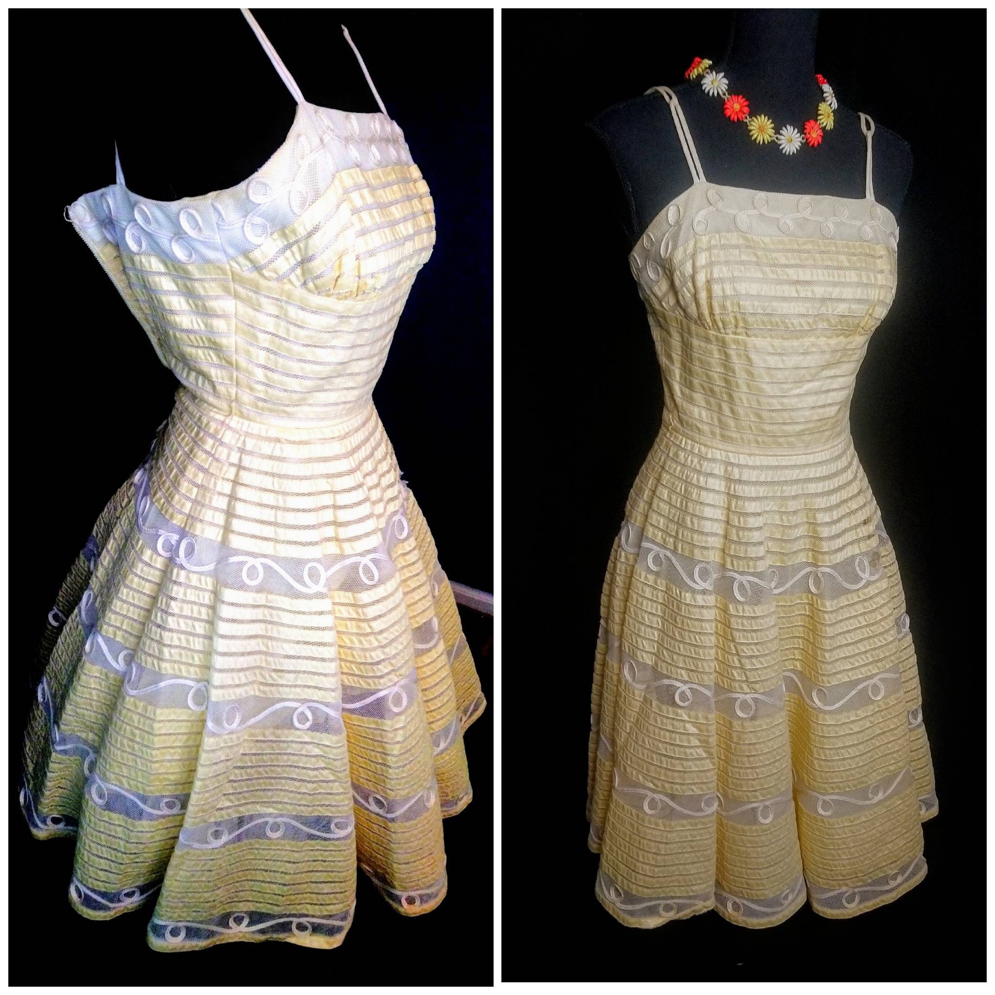 REDUCED 1950's Pale Yellow Ribbon Dress / Fit and Flare Etsy