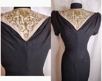 1930's 40s Black Crepe Dress w/ Gold Embroidered Illusion / Formal Cocktail Wedding 1940's 30s