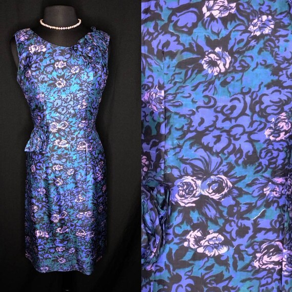 1950's Silk Watercolor Rose Wiggle Dress / Purple… - image 5