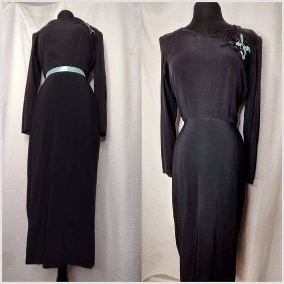 1930's 40s Black Crepe Bustle Dress / Teal Aqua S… - image 7