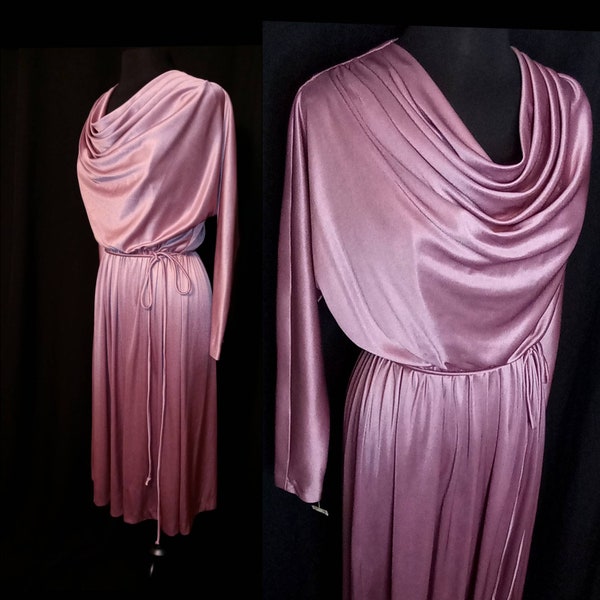 1970's Iced Lilac Midi Dress / Cowl Neck / Dolman Sleeves /NWT Deadstock / Stretch Satin / Disco / Glam / 1970s 70s early 80s 1980's