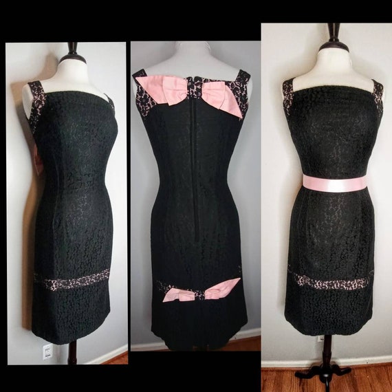 1950's 50s Black & Pink Venice Lace Sheath Wiggle… - image 1