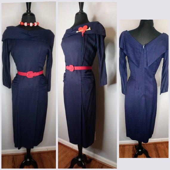 1950's 50s Inky Blue Wiggle Dress / Navy/ Sexy Bo… - image 1