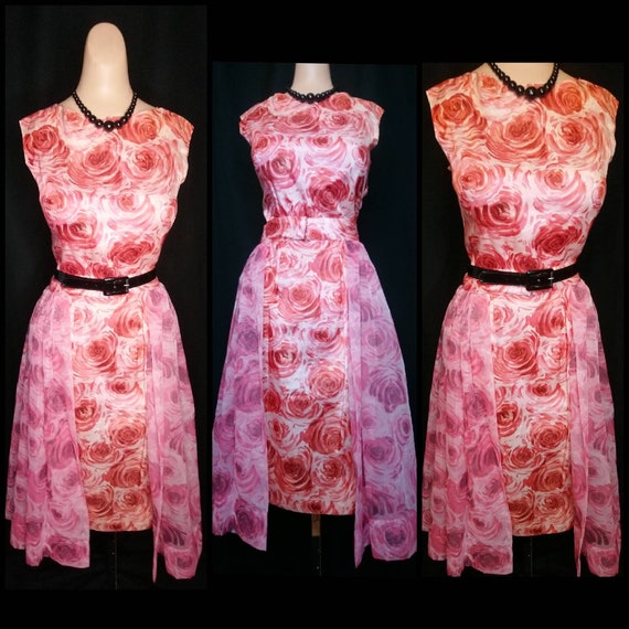 1950s Pink Rose Print Dress, Tutu, Sash, Detachable Skirt