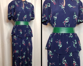 1940's Navy Blue Rayon Tulip Novelty Print Peplum Dress 40s